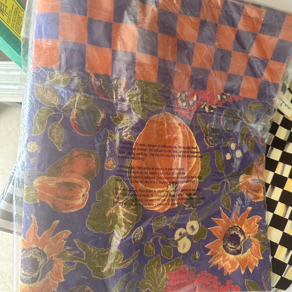 MacKenzie-Childs 54” Purple and Orange Checkered Tablecloth